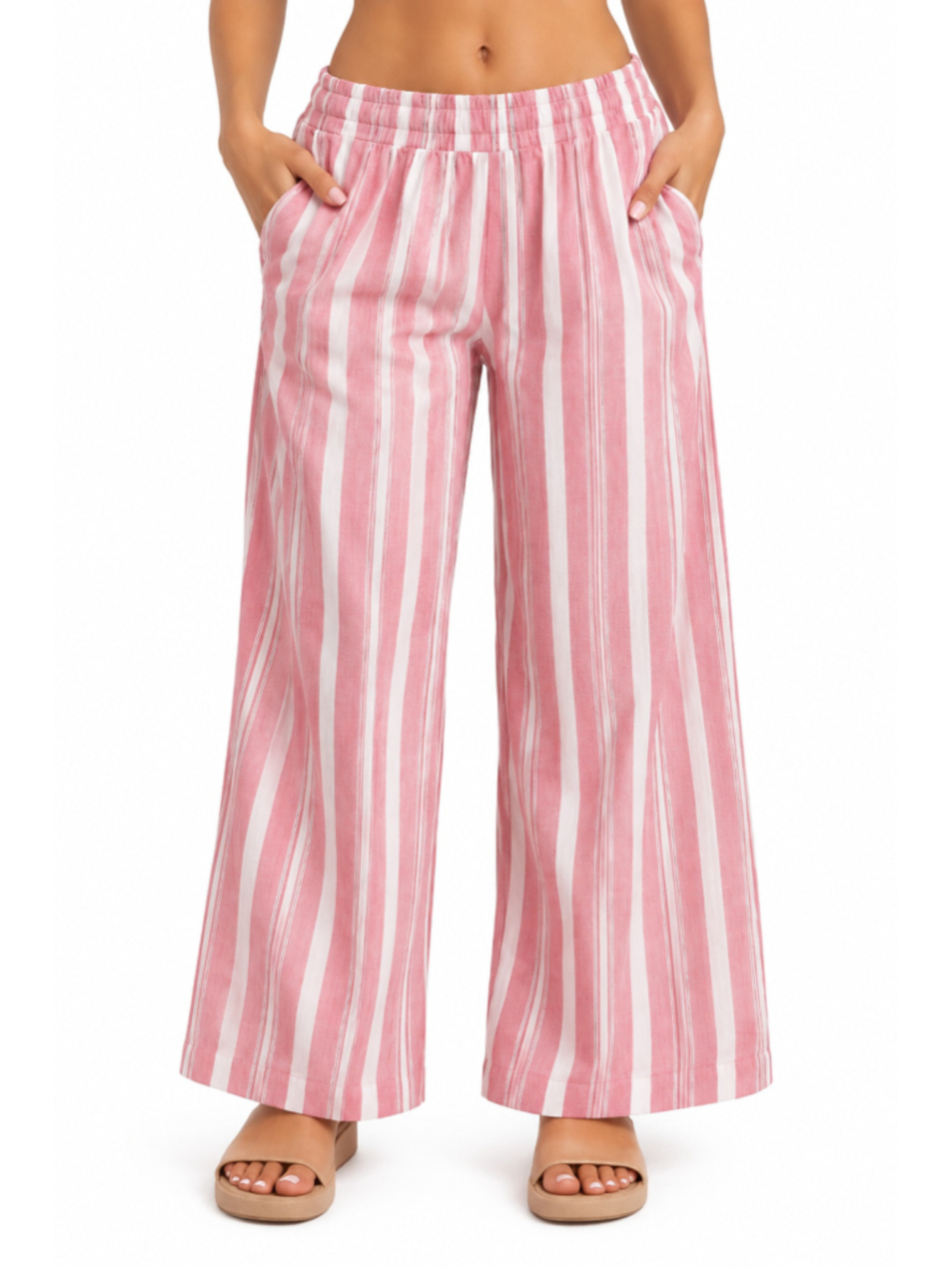 Women’s A New Day Linen Wide Leg Pants - L Short - Red White Stripe - NWT